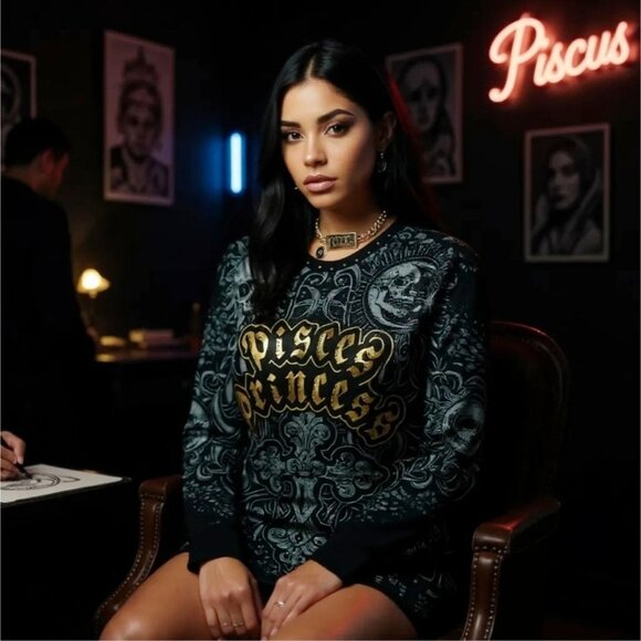 Pisces Princess Long Sleeve Top – by HOROSCOPEZ Black Gold Zodiac Graphic M - Picture 1 of 2